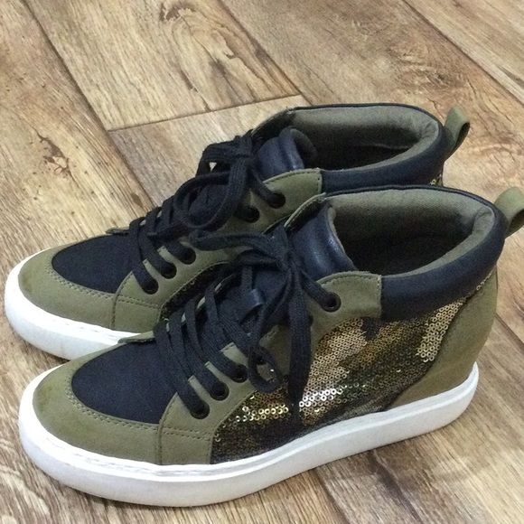 Mix No. 6 Olive/Black/Army Sequin Heel Sneaker Woman Size 8 - Picture 2 of 9